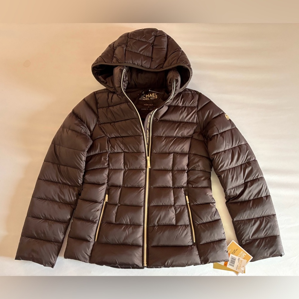 Michael Kors Chocolate Packable MK Puffer Jacket Hood Detachable Coat NWT - Picture 1 of 11